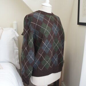 Lands End Brown Green & Dark Gray 100% Wool Argyle Sweater Size Large